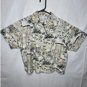 Dressbarn Woman Linen Cotton Tropical Palm Tree Button Front Shirt Tan Green 2X